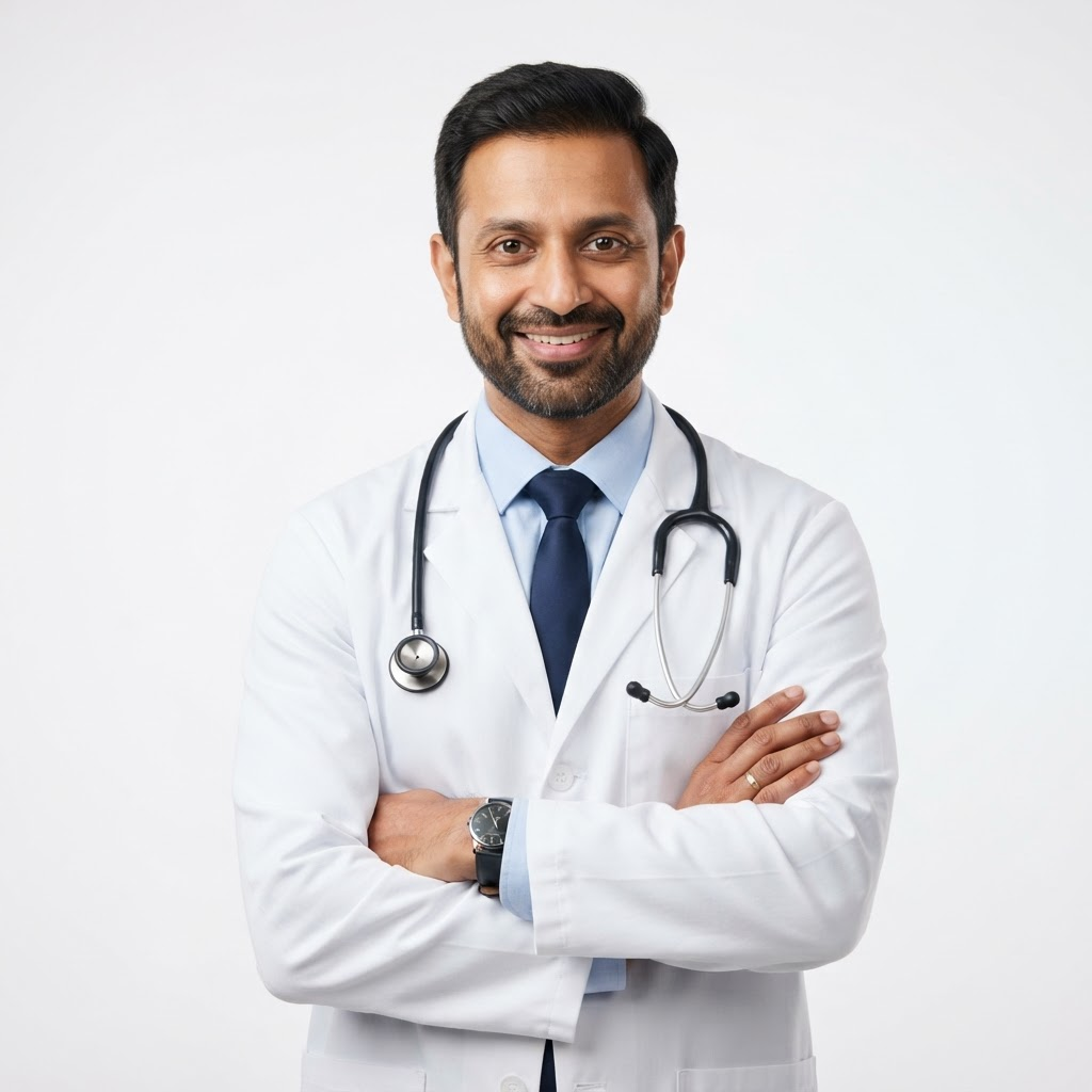 Confident doctor in a white coat with a stethoscope, representing the clinicians who use YesBoss.ai
